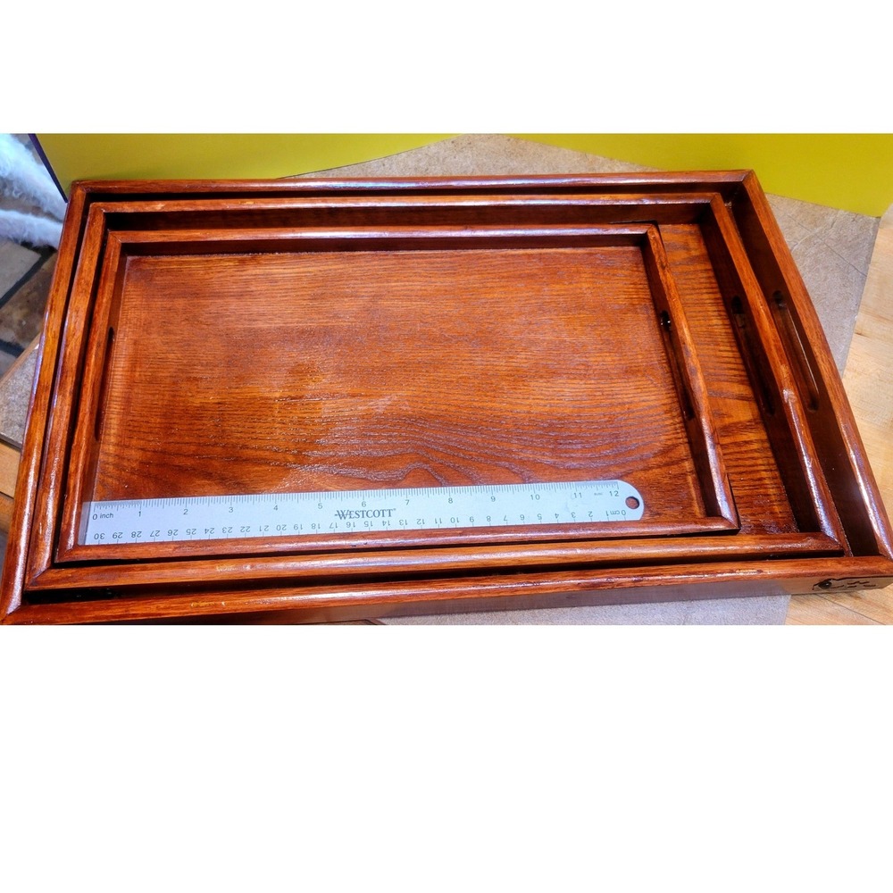 Set of 3 Nesting Wood Serving Trays Brown Rectangular with Metal Corner Accents